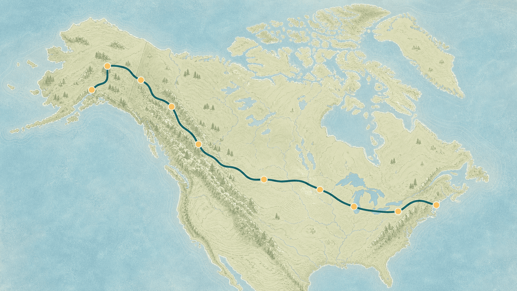 Illustrated route map for Massachusetts to Alaska: the long way to the wild